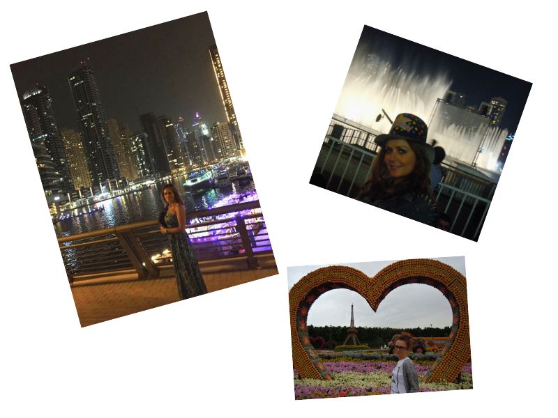 Three photos from Dubai showing woman at Dubai Marina at night, woman in festive hat at Dubai Fountain on New Year's Eve, and woman at Dubai Miracle Garden with heart-shaped flower frame