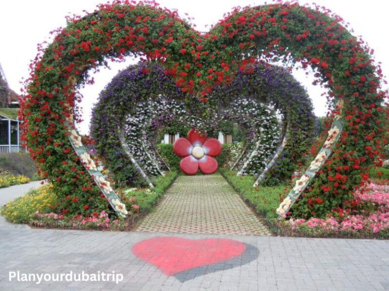Heart-shaped flower arch covered in red and purple blooms at Dubai Miracle Garden, with a walkway leading through to a large flower sculpture and a heart design on the ground.