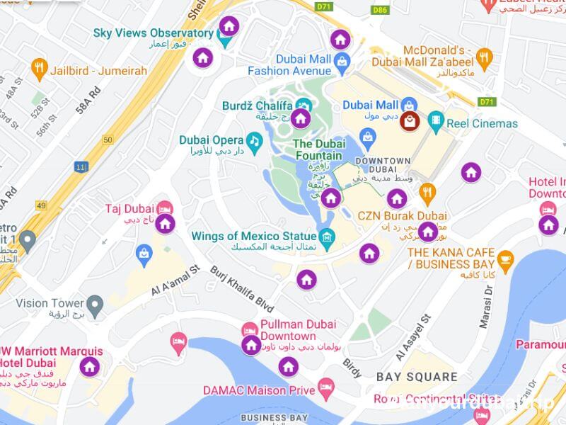Map showing hotels in Downtown Dubai near Dubai Mall and Burj Khalifa with purple location markers indicating hotel locations.