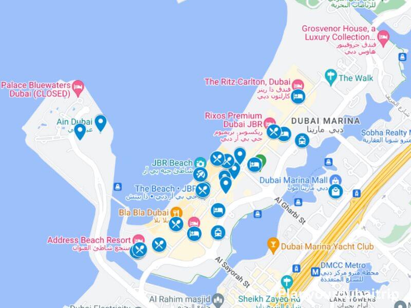 JBR Dubai-Map Map of JBR Dubai showing hotels, restaurants, JBR Beach, Dubai Marina Mall, and other nearby places with blue location markers.