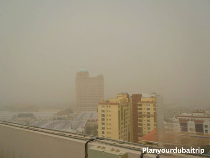 Sandstorm in Dubai Sandstorm in Dubai with thick dust in the air making the buildings hazy and hard to see.