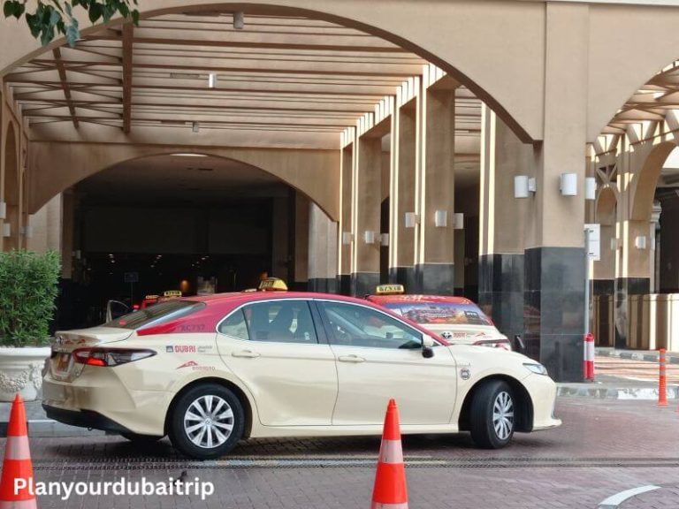 Two cream Dubai taxis with red roof dropping off and picking up passengers in front of the Dubai Mall entrance, with arched columns and orange traffic cones on the street.