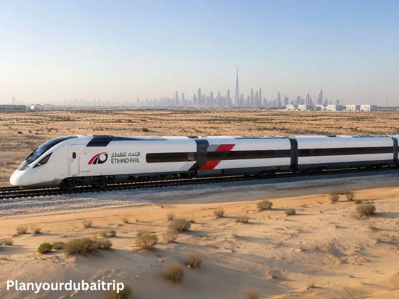 An Etihad Rail train travelling through the desert with the Dubai skyline and Burj Khalifa visible in the background.